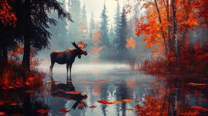 A Moose Standing in a Foggy Autumn Lake