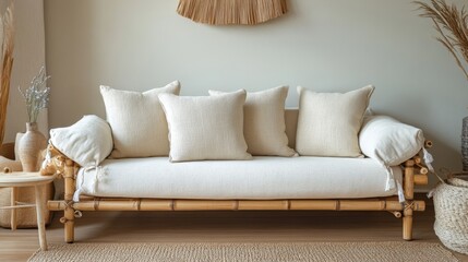 Wall Mural - eco-friendly home decor, beige linen pillows on bamboo sofa for serene, eco-friendly vibes in a minimalist boho living room with a neutral color scheme