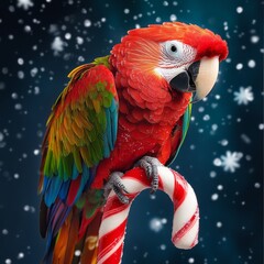 A colorful parrot perched on a candy cane against a snowy backdrop.