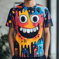 Wall Mural - A colorful t-shirt featuring a playful, smiling face design with vibrant paint splashes.