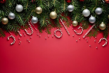 A cheerful Christmas background with green fir branches and red and white candy canes on a bright red surface. Christmas banner, poster, template. Christmas red background