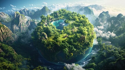 3D scenery featuring lush grass trees and mountains alongside an isolated Earth globe with a green island A fantasy island illustration promotes travel and holiday inspiration