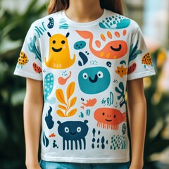 Sticker - A colorful t-shirt featuring playful, cartoon-like creatures and abstract shapes.