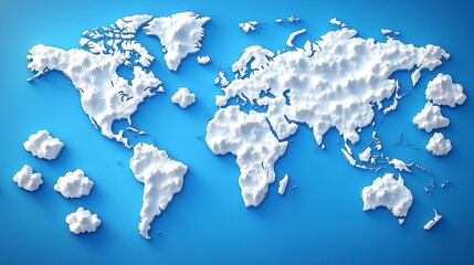 A creative depiction of the world map formed by fluffy clouds against a vibrant blue background, symbolizing imagination and travel.