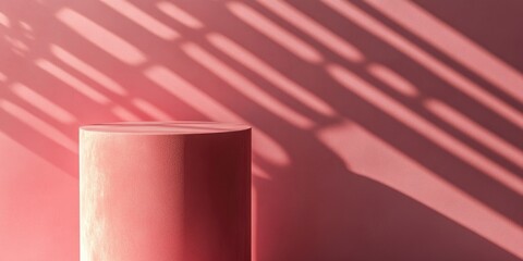 Aufkleber - Minimalistic rose colored podium in studio lighting A single cylinder stands against a rose background featuring a diagonal lattice 3D rendering