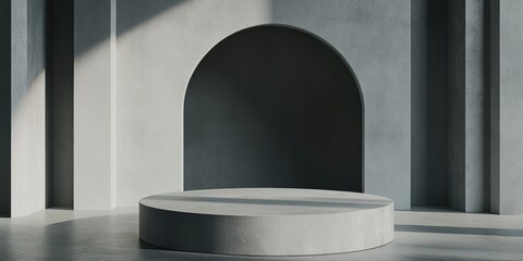 Poster - Minimalistic grey abstract background featuring a cylindrical podium with geometric shapes designed as a stage for showcasing products 3D rendering