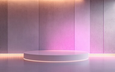 Poster - Abstract interior design of a modern showroom featuring an empty white floor and smooth concrete wall backdrop with a podium for product display in futuristic architecture or an unconventional dwe