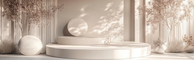 Poster - Abstract Modern Minimalist Podium Platform for Product Showcase with Decorative Elements 3D Rendering