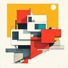 Wall Mural - A colorful, abstract architectural design with geometric shapes and a bright background.