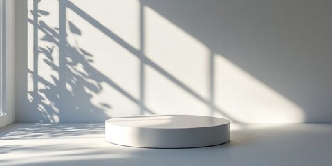 Fototapete - White round podium in an interior space with shadows cast from a window Realistic abstract setting for showcasing fashion items Modern minimalist 3D render