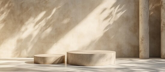 Fototapete - Cylinder pedestal podium display in an empty room with an earthy tone Abstract modern 3D rendering