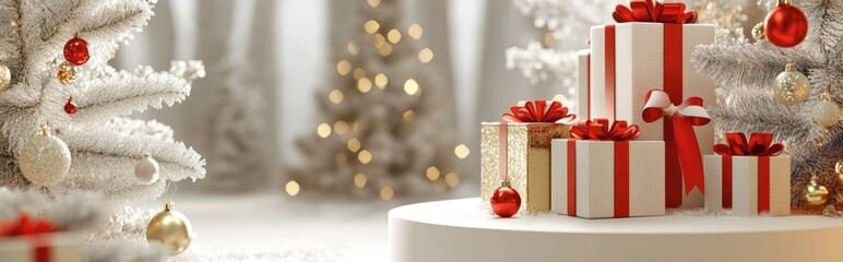 Aufkleber - Christmas banner featuring product display on a white podium rendered in 3D