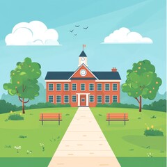 Poster - A traditional brick school building with a clock tower and a pathway leading to the entrance.