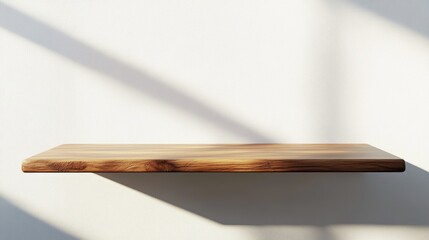 Poster - A simple wooden board or tabletop is positioned against a white wall with sunlight creating shadows A minimalist backdrop for product display 3D render 3D illustration