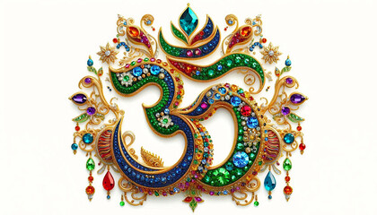 Wall Mural - Indian Hinduism religious symbol golden text Om,aum,or oim meaning adoration to Hindu god,decorated with emerald, sapphire, ruby, jewels, ornate, gold thread, white background