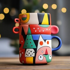 Canvas Print - A colorful, artistic stacking mug set with playful patterns and designs.