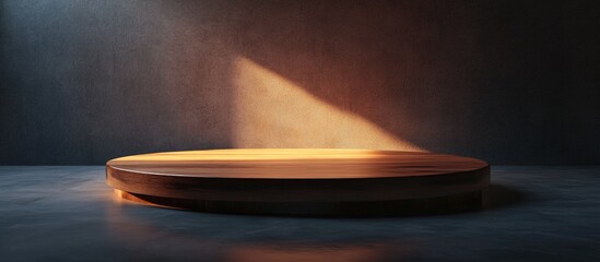 Aufkleber - Wooden podium displayed on a workspace in a dimly lit environment 3D rendering