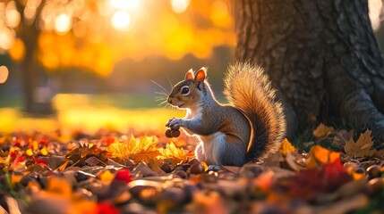 Wall Mural - Squirrel Eating Nuts in Autumnal Forest