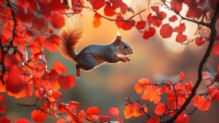 Wall Mural - Squirrel Leaping Through Autumn Leaves