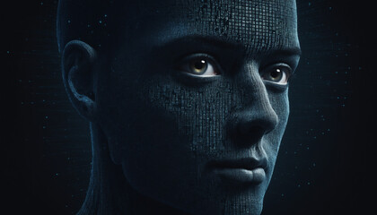 Illustration 3D bleu visage portrait humain IA robot données cyber sécurité informatique business Internet réseau.