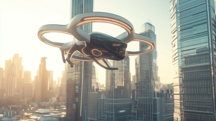 Wall Mural - Futuristic Drone Soaring Over Cityscape