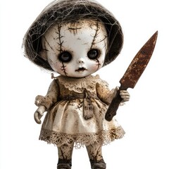 Wall Mural - A creepy doll holding a rusty knife, featuring a worn dress and a haunting expression.