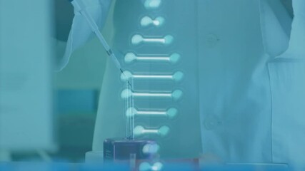 Wall Mural - Animation of dna strand over biracial female scientist doing experiment