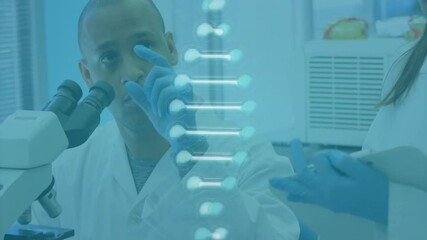 Wall Mural - Animation of dna strand over biracial male scientist using microscope