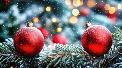 red christmas baubles hanging on a snowy christmas tree branch