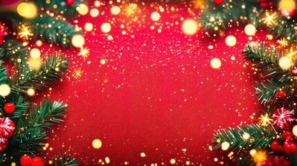 christmas fir tree branches on red background with sparkling lights