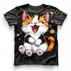 Wall Mural - A cute cartoon cat design on a black t-shirt, featuring a joyful expression and vibrant colors.