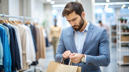 Young man looking at shopping bag with curiosity in clothing store interior