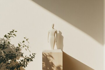 Aufkleber - Minimalist Mockup with Textured Wood Podium and Soft Green Foliage Against Beige Background