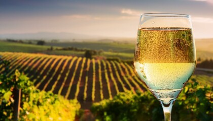 A close-up of a sparkling wine glass filled with chilled white wine, the golden liquid catch 