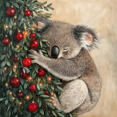 Sticker - A cute koala resting against a decorated Christmas tree with red ornaments.