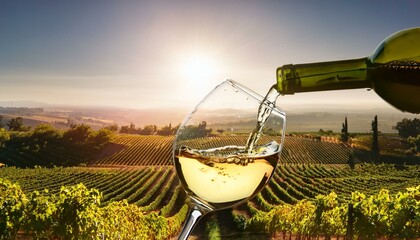 Poster -  A wine glass being elegantly poured with white wine, the stream catching the light as it fil