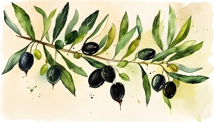 Wall Mural - Delicate Olive Branch with Green and Black Olives in Watercolor, Emphasizing Nature and Organic Produce with Generous Copy Space