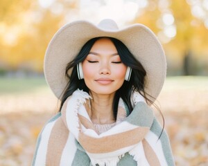 Wall Mural - Asian Woman Enjoying Music in Fall Attire and Hat in Vibrant Autumn Park