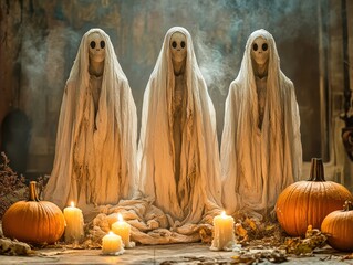 Wall Mural - Three ghosts sitting on thrones in a dark room with candles and pumpkins