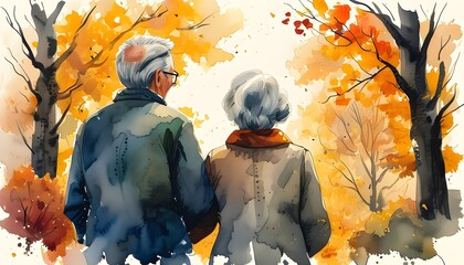 Wall Mural - Elderly Couple Embracing the Season of Autumn Amidst Natures Vibrant Colors of Love and Companionship