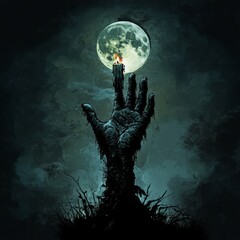 Wall Mural - A decayed hand reaching for a glowing moon, symbolizing longing and the supernatural.