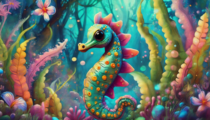 Poster - oil painting style cartoon character illustration multicolored a seahorse holding onto seaweed