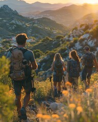 A group of friends hiking up a mountain trail