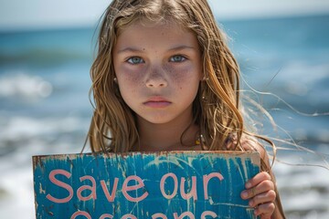 A young girl standing at a beach, holding a sign that says 