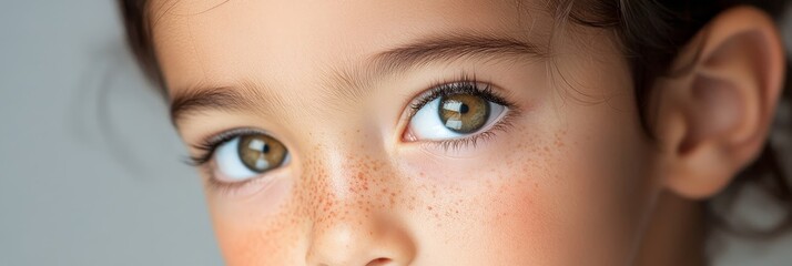 Wall Mural - A close-up portrait of a young child with freckles and brown eyes, capturing their innocence and beauty. This image symbolizes childhood, diversity, beauty, and innocence.