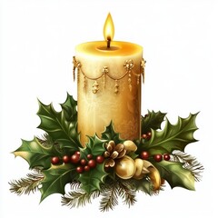 Canvas Print - A decorative candle surrounded by festive greenery and ornaments for holiday celebrations.