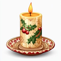 Sticker - A decorative candle with festive holly and berries, designed for holiday ambiance.