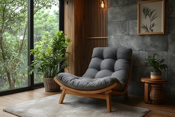 Wall Mural - Cozy modern living room with stylish armchair and lush greenery by large window