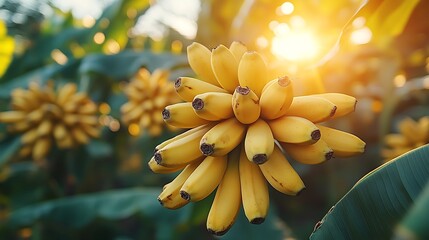 Wall Mural - A bunch of ripe bananas hanging from a banana tree with the sun shining through the leaves in the background.