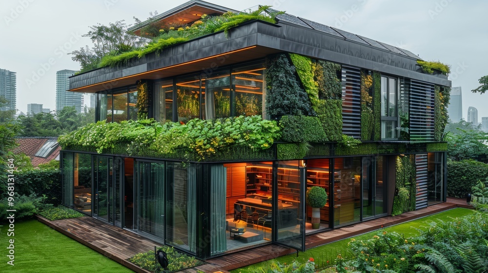 modern office building with solar panels on the roof and a green wall ...